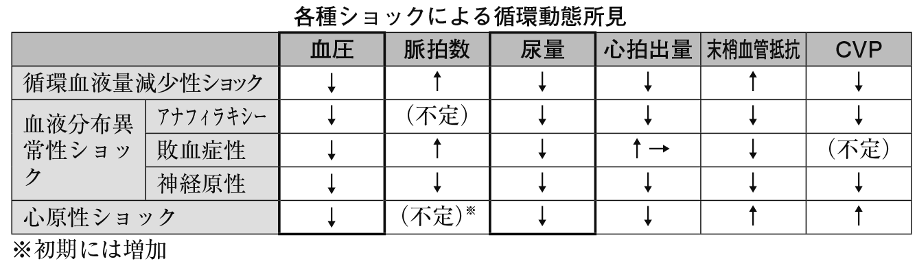 各種ショックによる循環動態所見